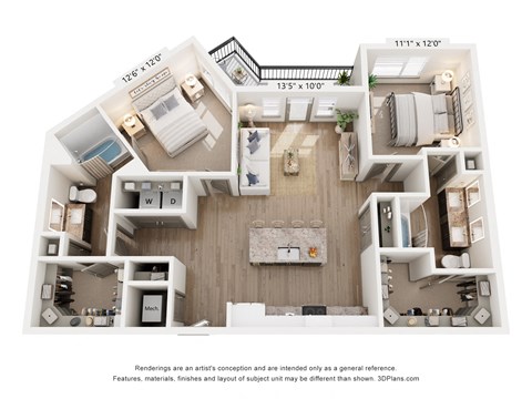 Floor plan for 2 beds, 2 baths, 1210 sqft